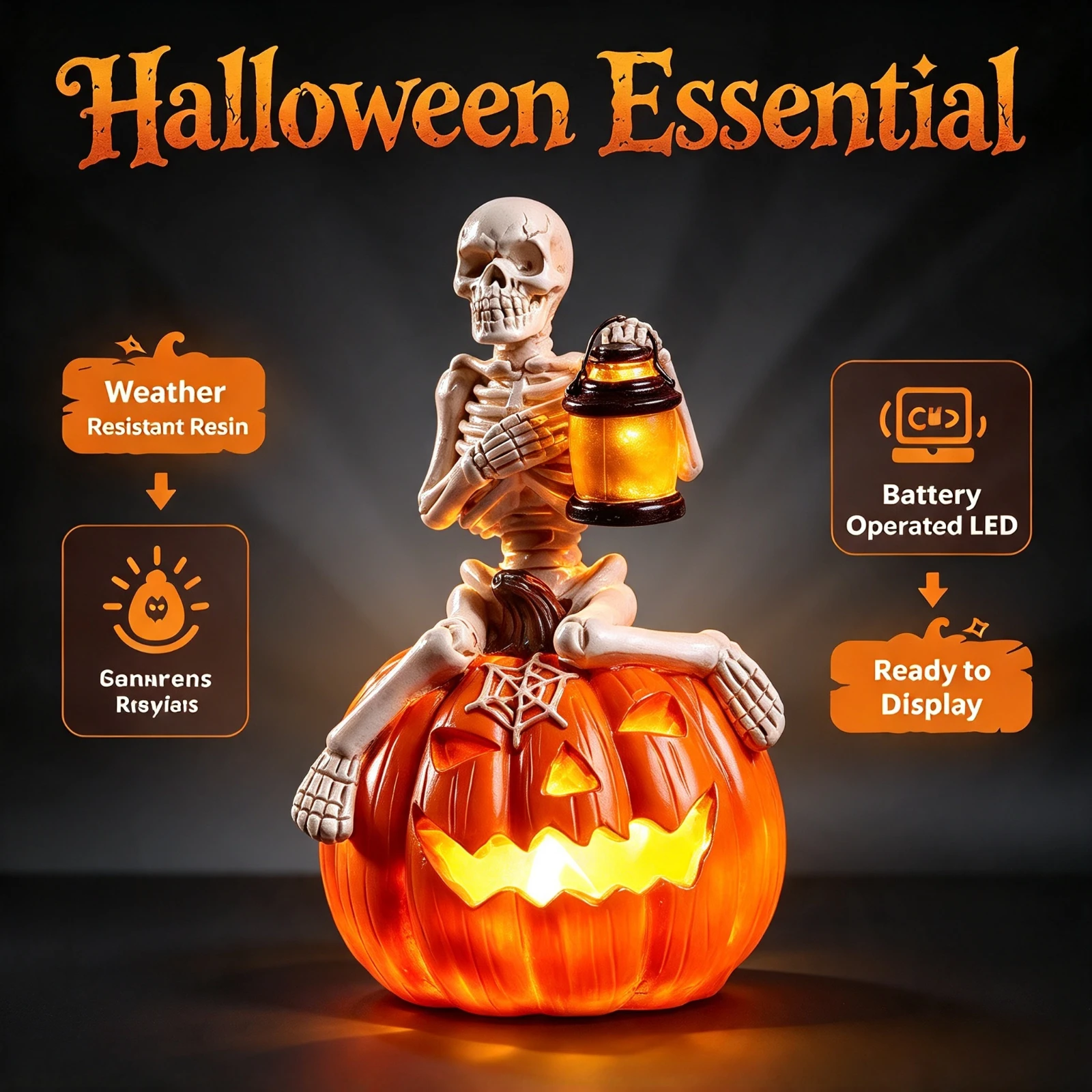 LED Illuminated Skeleton Pumpkin Halloween, Decoration Fake Skull Sitting On, Glowing Jack O Lantern Porch, Yard Party Prop Gift