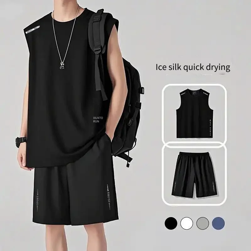 

Men's Ice Silk Sportswear Set Sleeveless Tank Top Shorts Quick Dry Casual Running Suit
