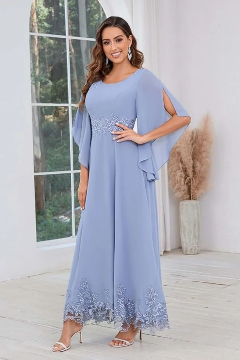

Chiffon Mother of The Bride Dresses for Wedding A Line Lace Evening Formal Gowns Ankle Length Flutter Sleeve Round Neck