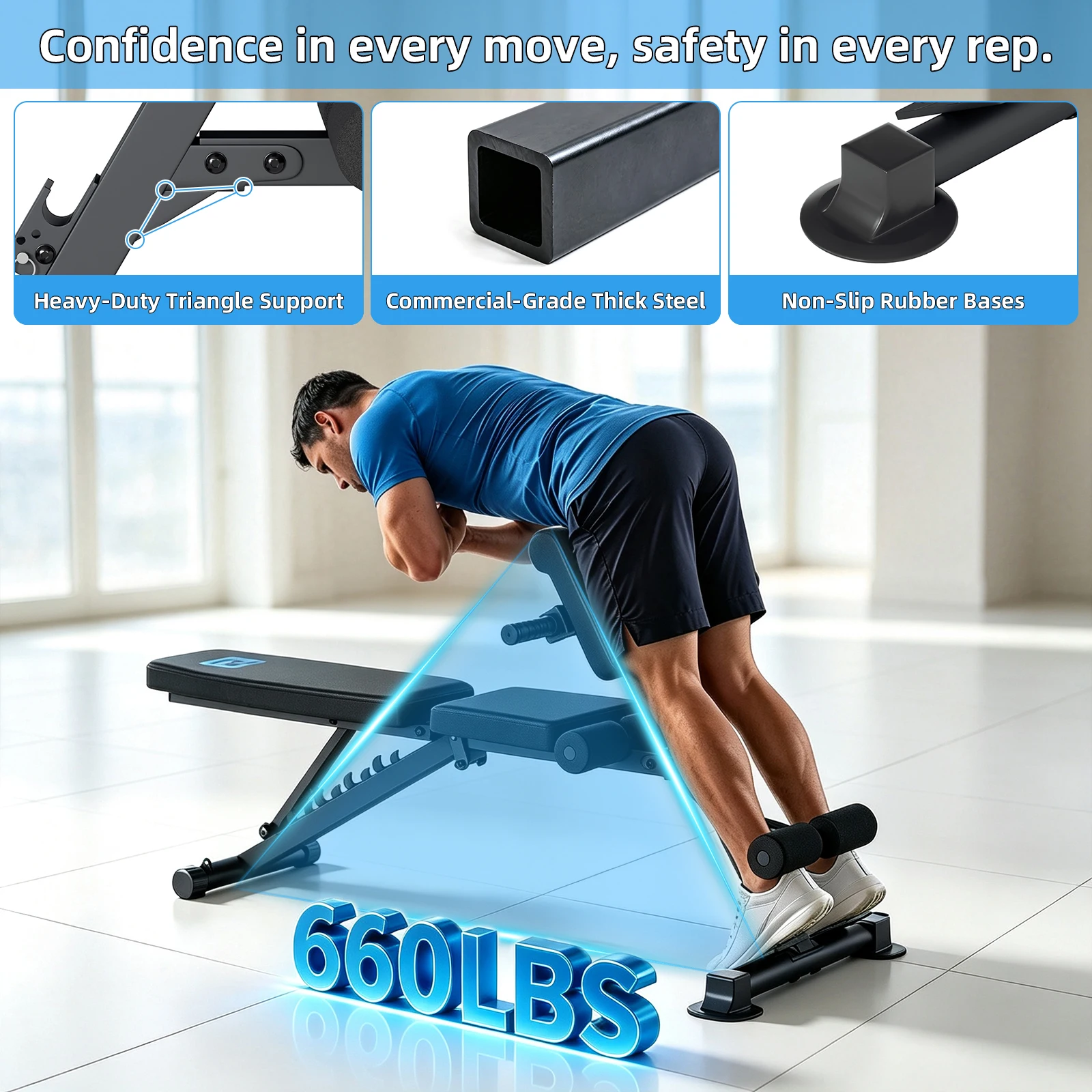 5mm Thick Steel Triangular Support Weight Bench, 660LBS Max Load, 10 Adjustable Seat Levels & 6 Backrest Angles, Equipped with 2 Resistance Bands and Suction Non-Slip Base for Home Gym Full Body Dumbbell Training