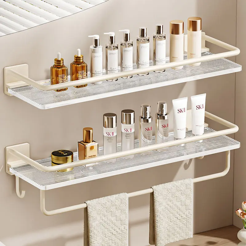 

Bathroom Accessory Storage Rack Acrylic Metal Towel Bar Transparent Wall Mounted Washbasin Milky Non Perforated Storage Rack