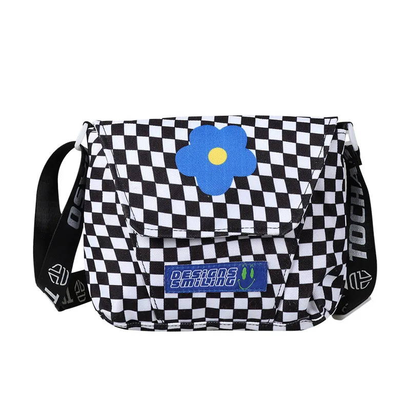 Children's Canvas Bag Fashion Klein Blue Print Checkerboard Shoulder Bag Flower Princess Small Change Small Satchel