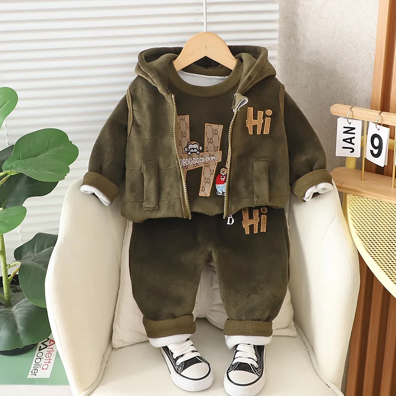 Baby Boys Clothing Set Winter Autumn Thick Letter Print Sweatershirt+Pants+Hooded Vest 3Pcs Plus Velvet Suit For 1-4 Years Kids