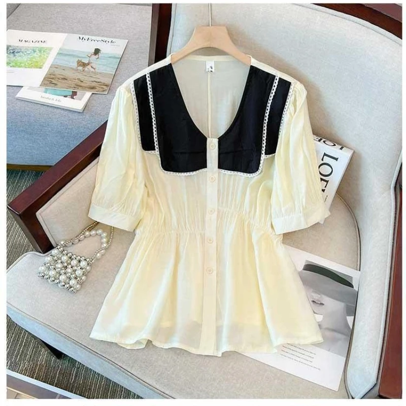 

Women Clothing Contrast Patchwork Pleated Temperament Blouse Short Sleeve Loose Casual Shirt Tops Fashion Korean Summer Trend