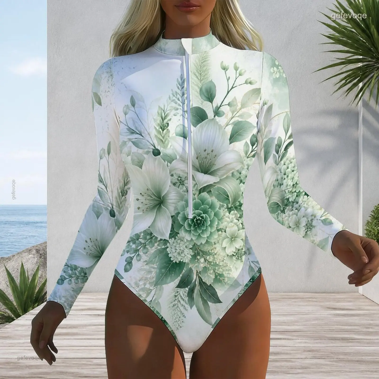 Women Printed Swimsuit High Neck Front Zip Long Sleeve One Piece