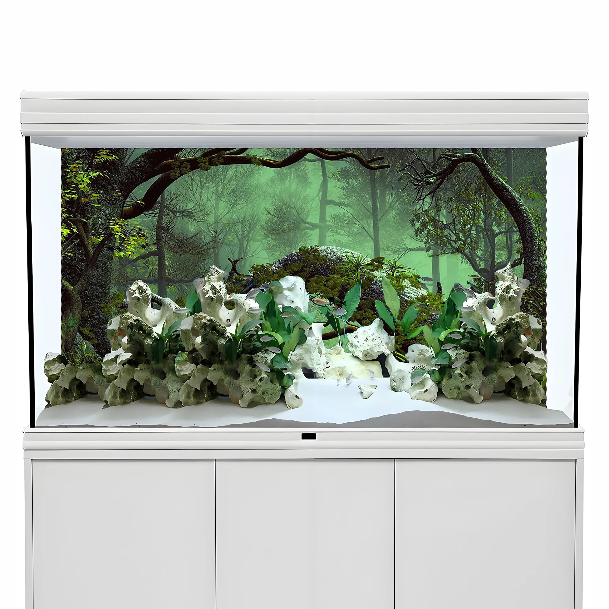 Aquarium Background Sticker,  Misty Rainforest Secret Realm, Self-Adhesive Flat Sticker for Fish Tank & Reptile Terrarium
