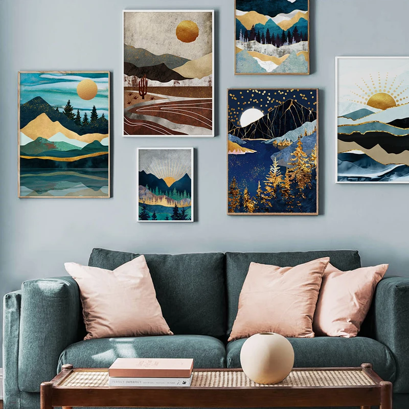 Modern Art Rustic Decor Natural Mountain Gold Sun Landscape Art Print Abstract Poster Canvas Painting for Living Room Home Decor