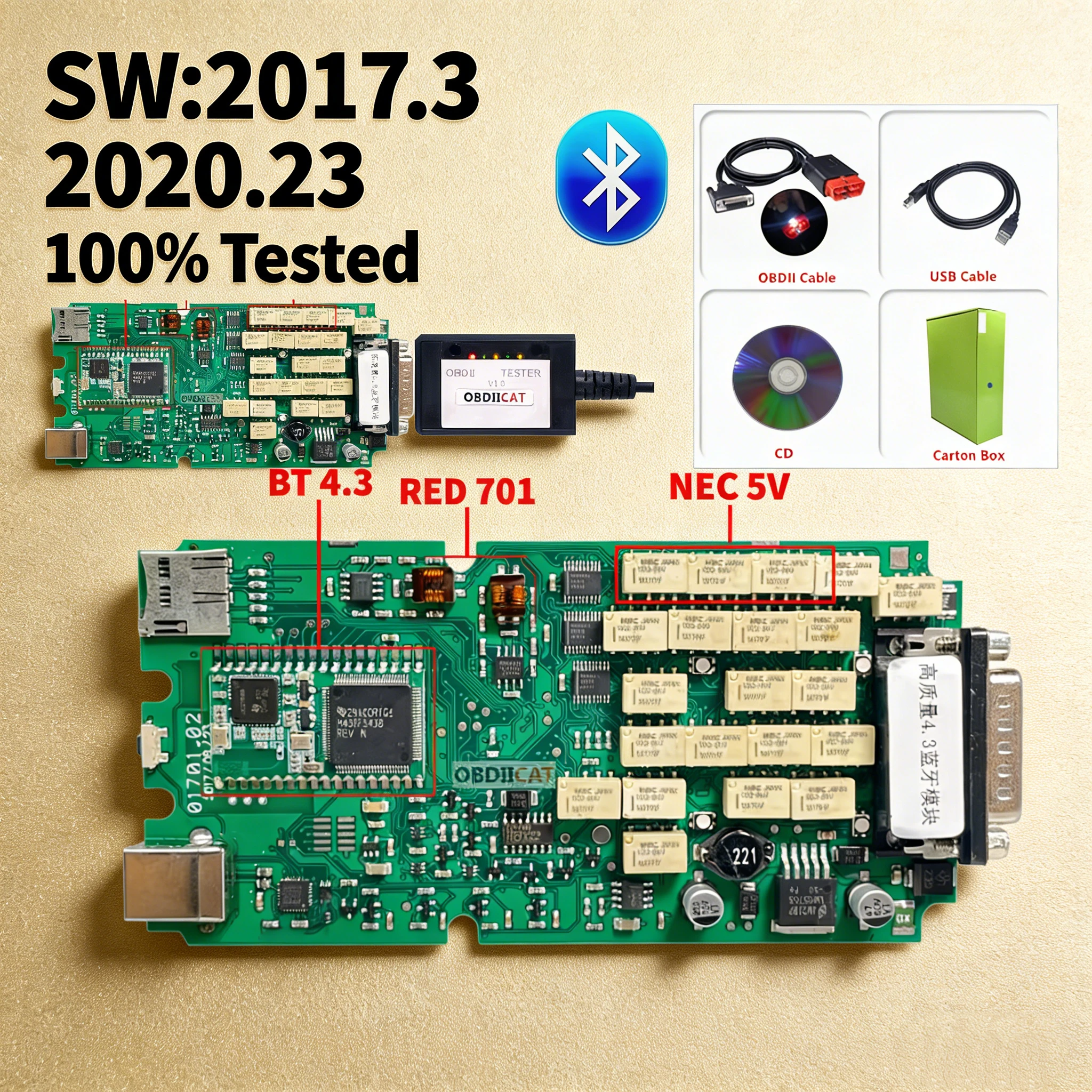 

OBDIICAT Professional A+Single PCB OBD2 2017.3-2020.23 Car/Truck Diagnostic Tool New VCI TCS PRO Plus USB Bluetooth OBD Scanner
