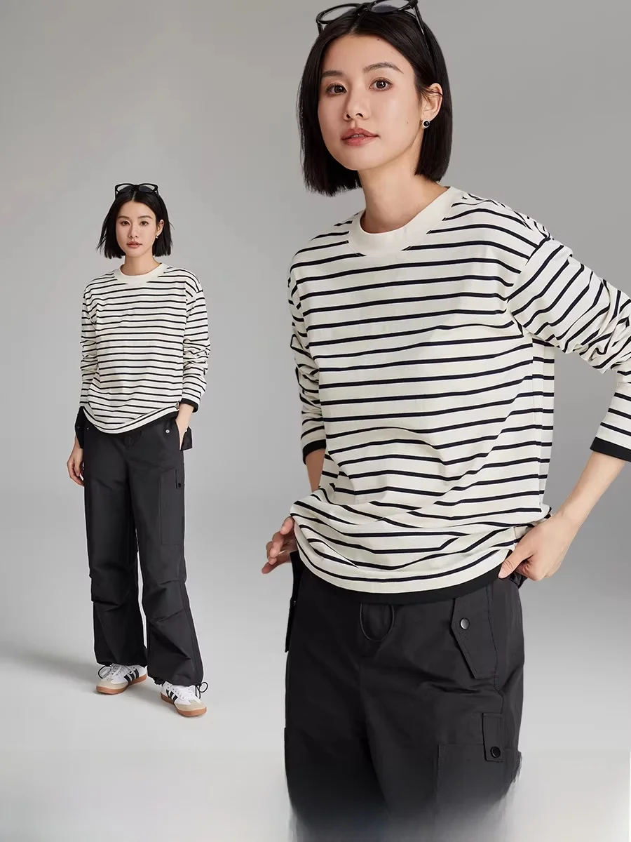 

Классическая полосатая хлопковая футболка свободного кроя с длинным рукавом для женщин, весенне-осенний топ, удобный, дышащий, повседневный, с круглым вырезом