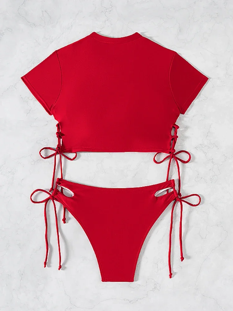 2025 New 2 Piece Swimsuit for Women Solid Color Sexy Drawstring Short Sleeve Bikini Set Beach Vacation Bathing Suit Swimwear