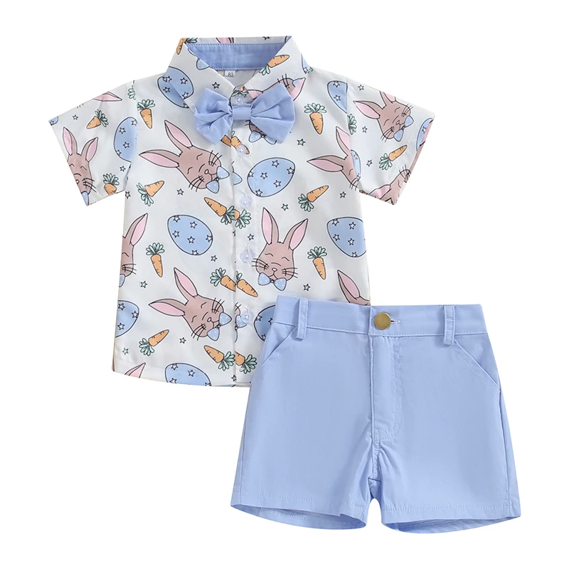 Toddler Boy Easter Outfits Carrot Bunny Print Bowtie Short Sleeve Shirts Tops And Shorts Summer Clothes 2Pcs Set