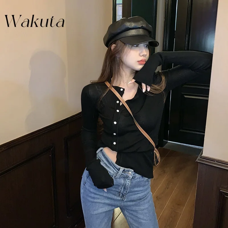 WAKUTA Fashion Fall and Winter Design Sense Niche Red Sweaters Oblique Side Buckle Slim Round Neck Knitted Cardigan Tops Women