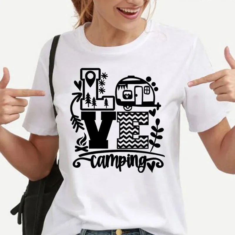 

New Fashion Women T-Shirt Love Camping Print Short Sleeve Camper Casual Tee Round Neck Tops Women Shirt