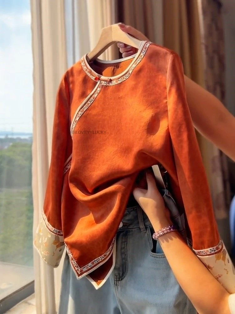 New Chinese Style Frog Button Vintage Shirt Jacquard Round Neck Versatile Long Sleeve Top Loose Fit Spring Autumn Women Coat