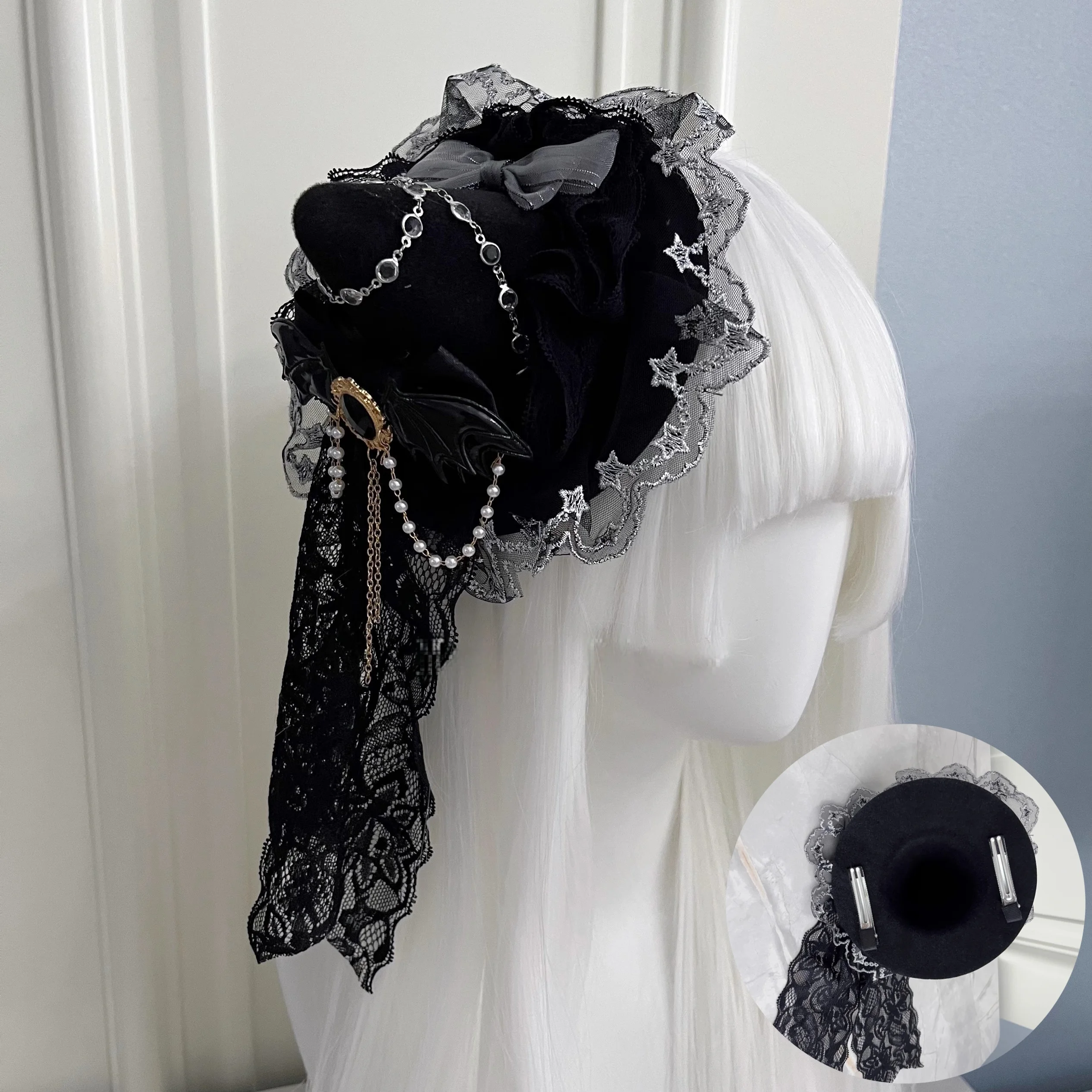 Handmade Lolita Gothic Flat Hat Subculture Dark Punk Halloween Magic Girl Top Hat Women Cosplay Versatile Lolita Witch Headdress