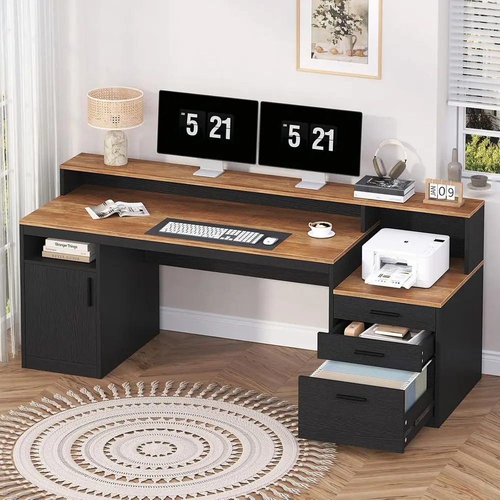

Computer Desk with 3 Ders & Storage Shelves, 65 Inch Home Oice Desk with ile Der & Cabinet, Writing Study Desks with Monitor Sta