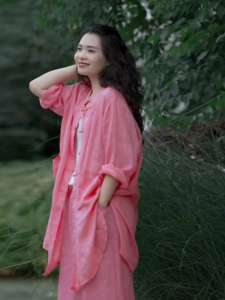 

Новый китайский женский льняной жилет, весна 2025 года, винтажный национальный Sle Zen, крутой льняной открытый кардиган средней длины, топ