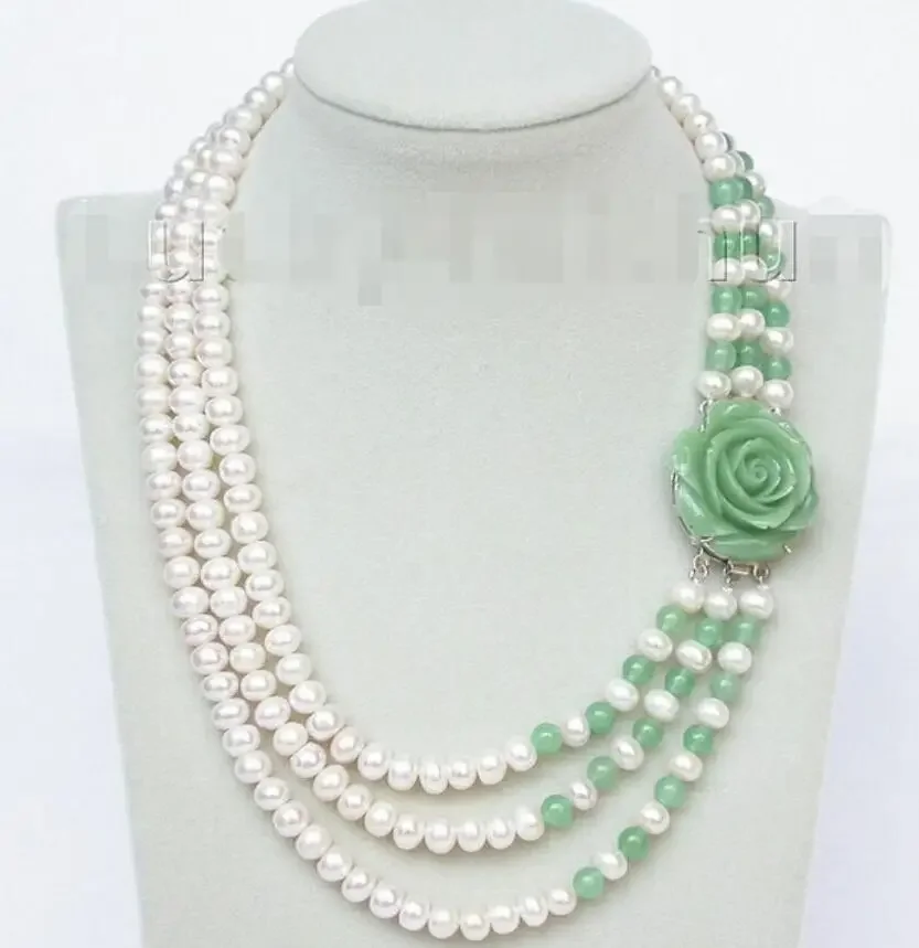 

17"-20" 8mm 3row round white freshwater pearls green necklace