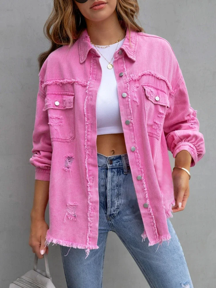 

2023 New rough edges broken holes denim clothing new lapel long-sleeved holes washed denim jacket women coat and jackets