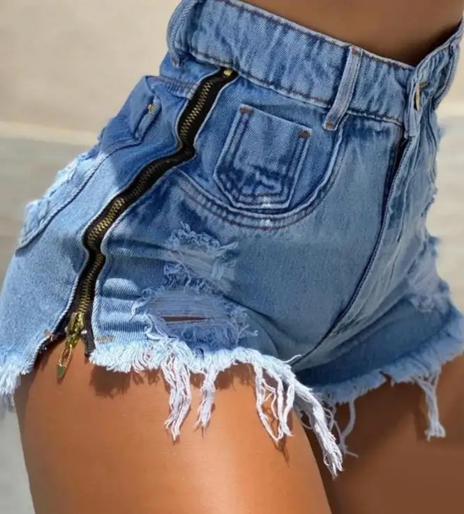 Szorty damskie Casual Summer Vacation Fashion Side Zipper Design Contrast Paneled Fringe Raw Hem High Waist Denim Shorts