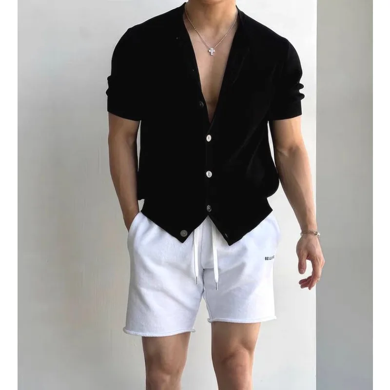 Luxury Brand Men Knitted Cardigan Short Sleeve Summer Thin Single-breasted Knit Sweater Breathable Ice Silk T-shirt Outerwear