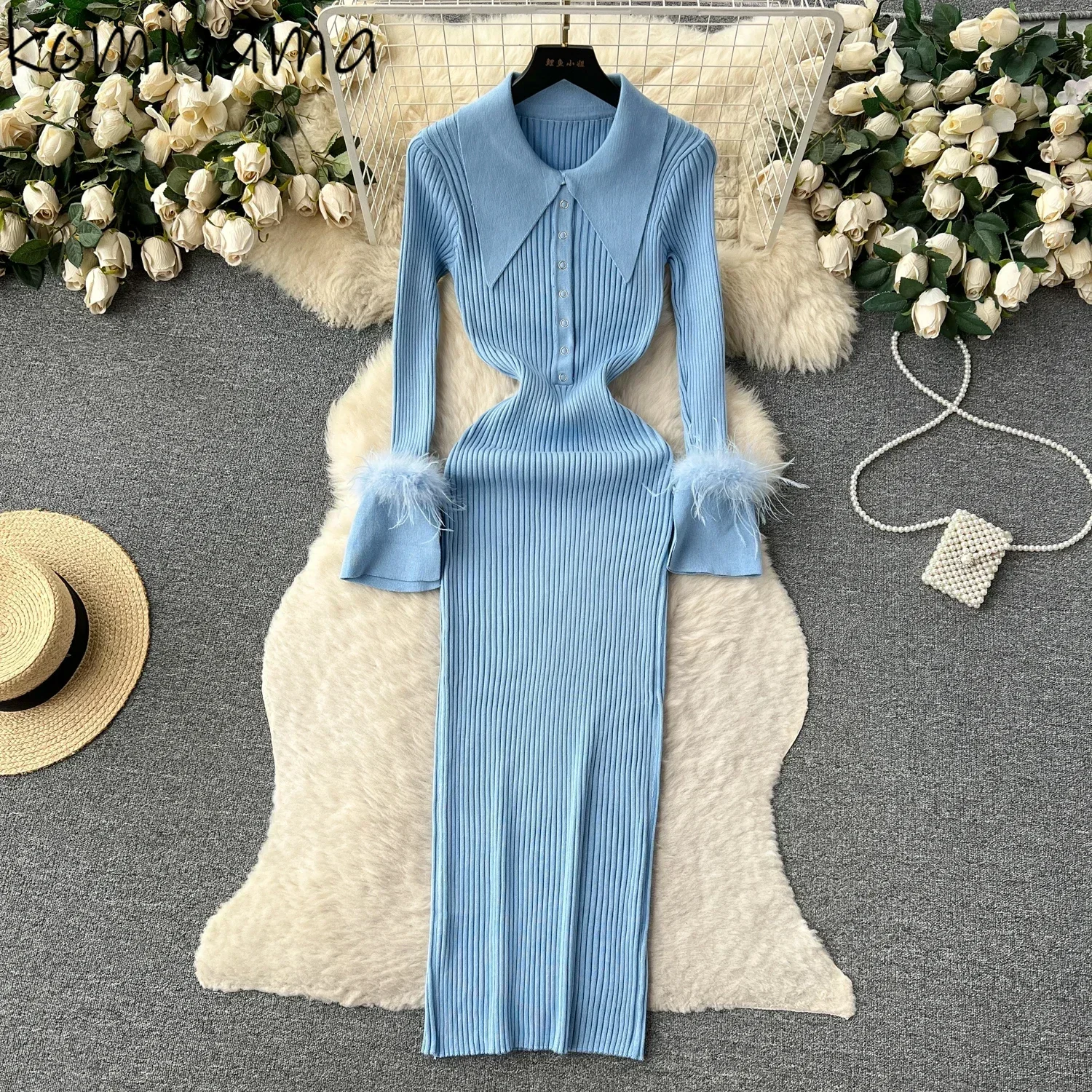 Fur Tassel Long Sleeve Vestidos Laple Neck Vestido Knit Women 2025 Dresses Autumn Winter New Dress Elegant Button Clothing