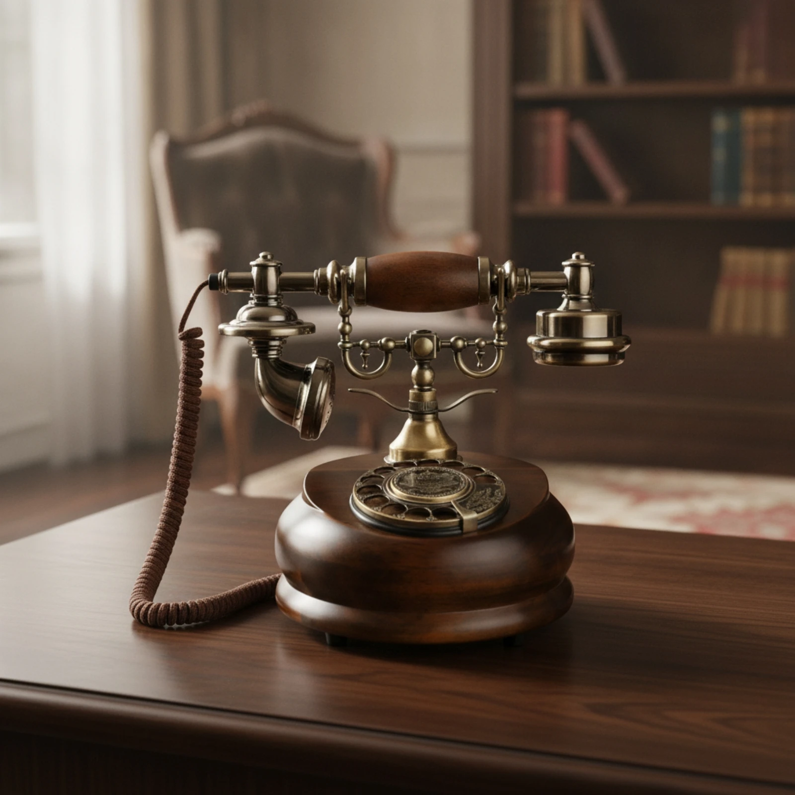 Corded Desk Phone Wood-Grain Vintage Corded Desk Phone Vintage Telephone Brass-Tone for Study, Office