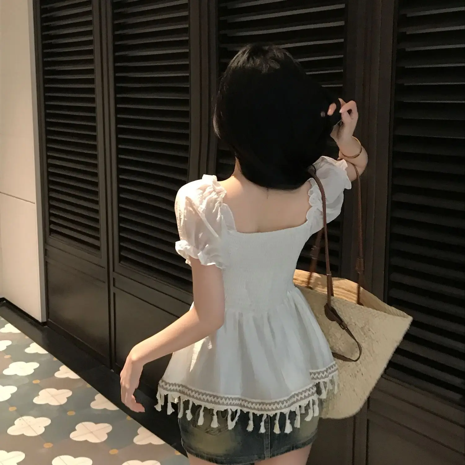 2023 sommer Bluse Französisch Süße Kurzarm Shirt Frauen Slim Fit Schlanke Taille Quaste Spleißen Ins Top Blusas Mujer