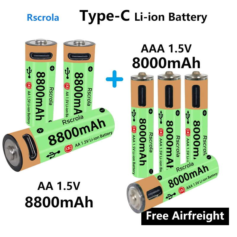 Long-Lasting AA and AAA Rechargeable Battery Type-C 1.5V Charge Batteries for Household Electronic, Flashlights, Toy,Mouse,Clock