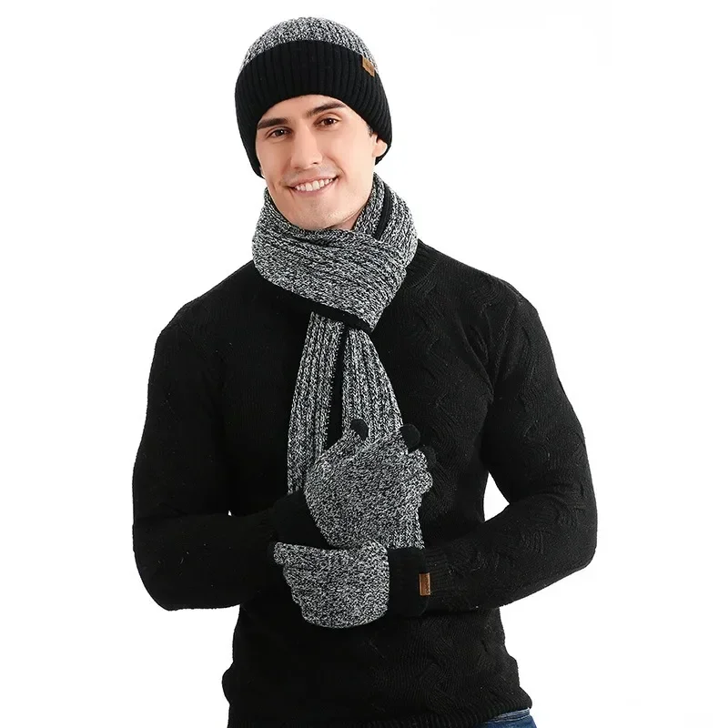 3in1 Hat Scarf Gloves Combo Winter Colorblock Fleece Knitted Hat Thickened Long Scarf Touchscreen Gloves Set for Women and Man