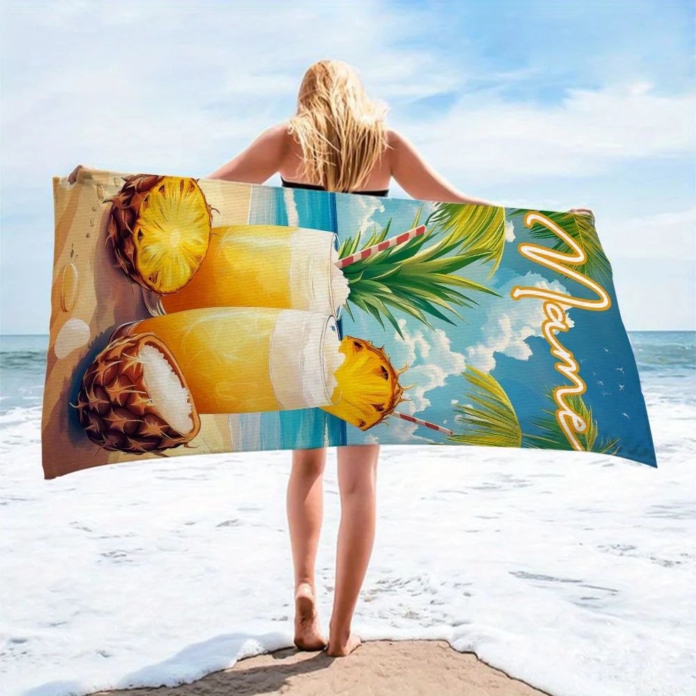 1pc Customized Name Beach Towel Text/Name Large Quick-Dry Microfiber with Pineapple Coconut Drink Design, Tropical Palm view 4