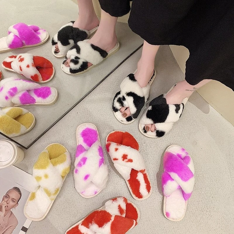 Women Winter cross strap mixed color Furry Fur Slippers Fluffy Faux Fur Slides Warm Plush Slippers open-toe Indoor House Shoes