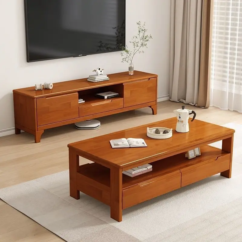 Solid wood TV simple modern household small apartment living room TV fully equipped storage locker coffee table combination