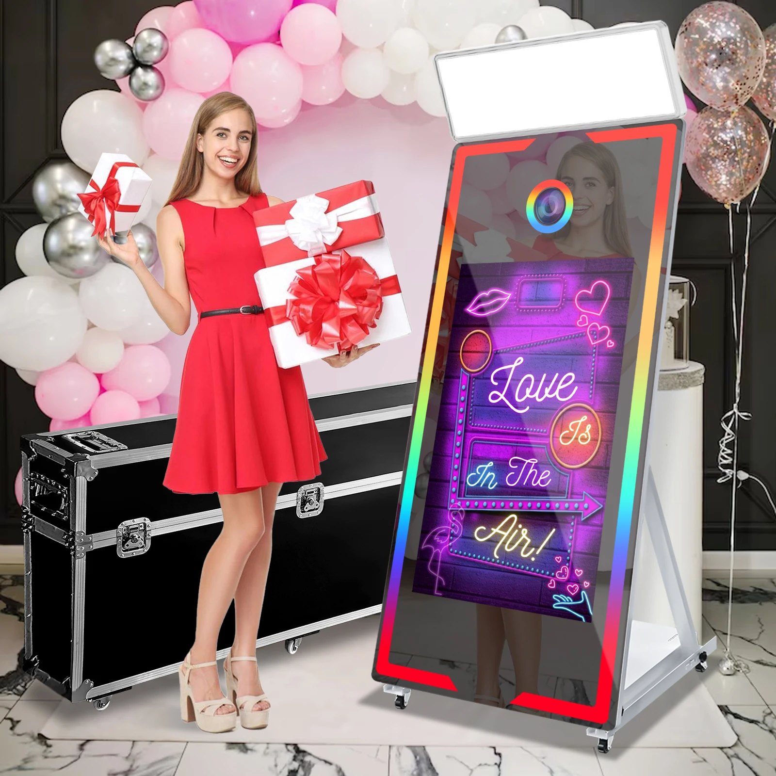 Cabina de fotos con espejo táctil portátil de 40 y 65 pulgadas, máquina de fotomatón con espejo mágico y luz cuadrada para bodas y fiestas.