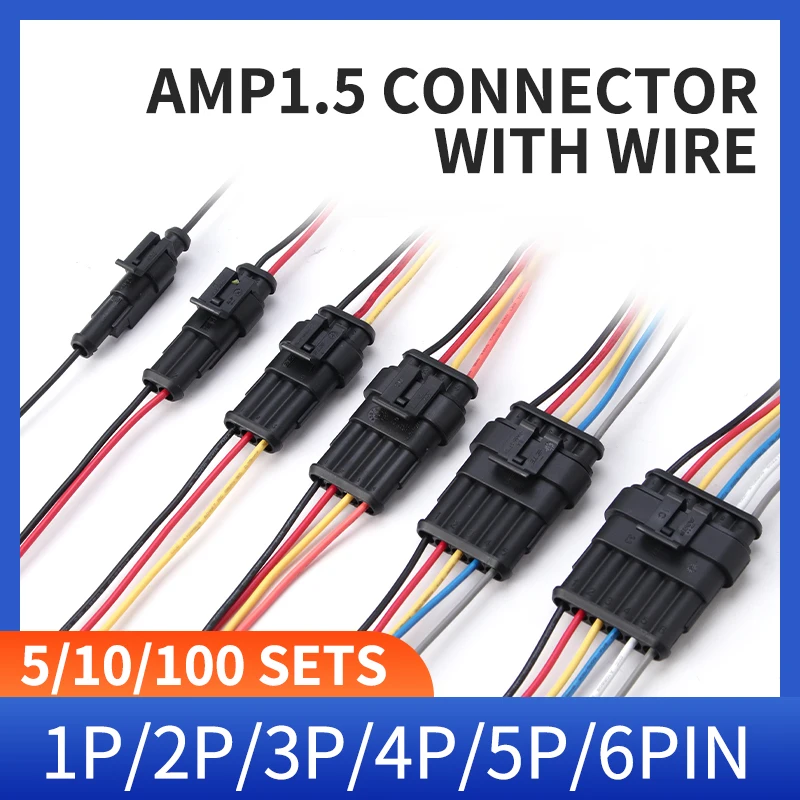 5/20/100 sets AMP 1P 2P 3P 4P 5P 6P Waterproof Auto Connector Male Female Plug with 15CM 18AWG Wire Cable HID harness for Car