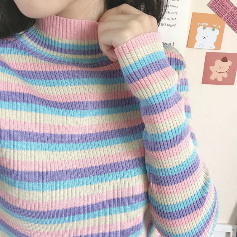 Y2k Clothes Turtleneck Pullover Women Sweater Rainbow Stripe Autumn Knitted Top Slim Long Sleeves Women Clothing Korean Fashion