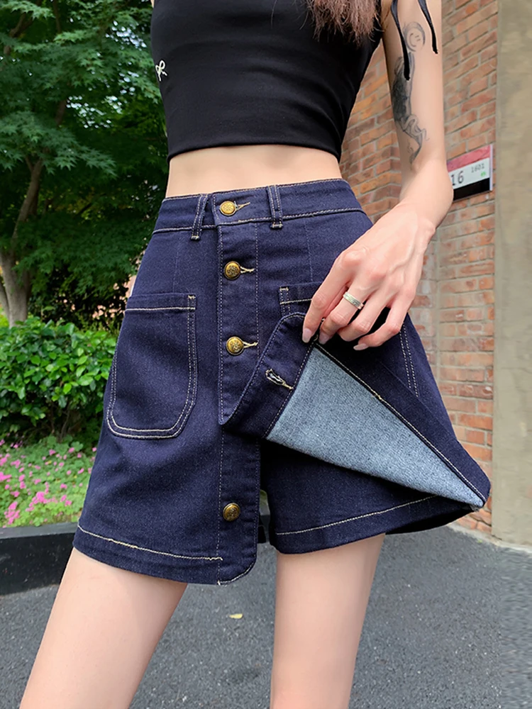Ropa de calle informal, faldas de talla grande, pantalones cortos para mujer, minifalda vaquera holgada de corte en A con una hilera de botones, Culottes de algodón, pantalones cortos