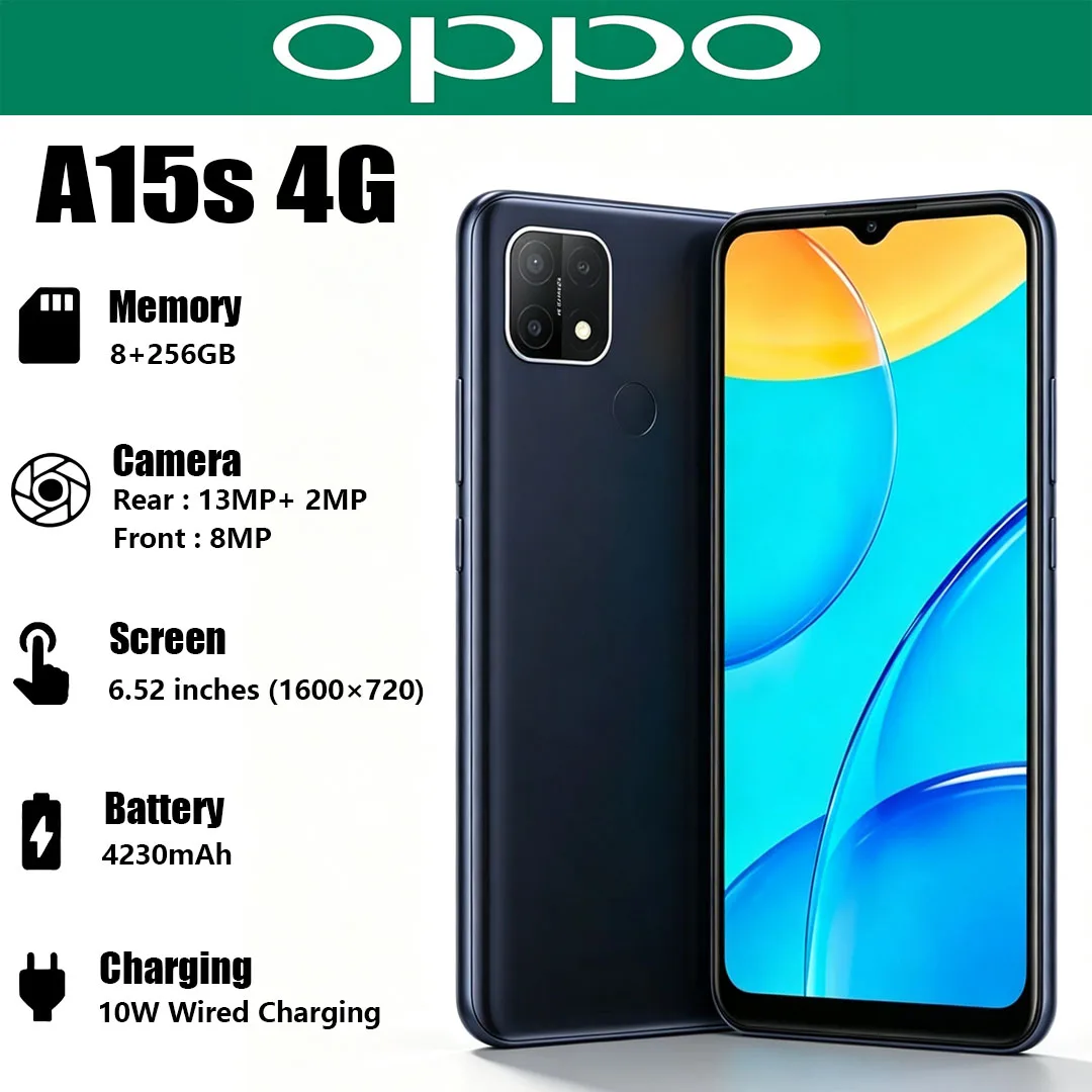 New OPPO A15s 4G Global Version Cell Phone 6.52" HD+ Big Screen 13MP AI Triple Camera 4230mAh Dual-SIM Unlocked Smartphone