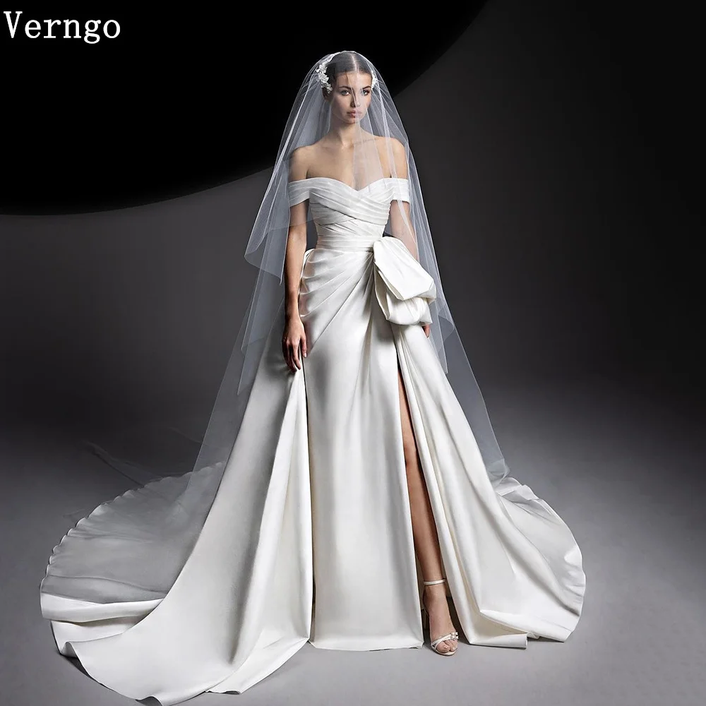 

Verngo lvory Satin Wedding Dress Sweetheart A Line Bridal Gowns Long Train Embroidery Princess Plus Szie Bride Dress Customized