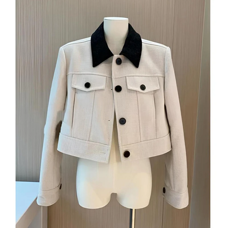 

MEXZT Elegant Cropped Jacket Women Fashion Patchwork Long Sleeve Coat Autumn Ladies Korean Streetwear Single Breasted Outerwears
