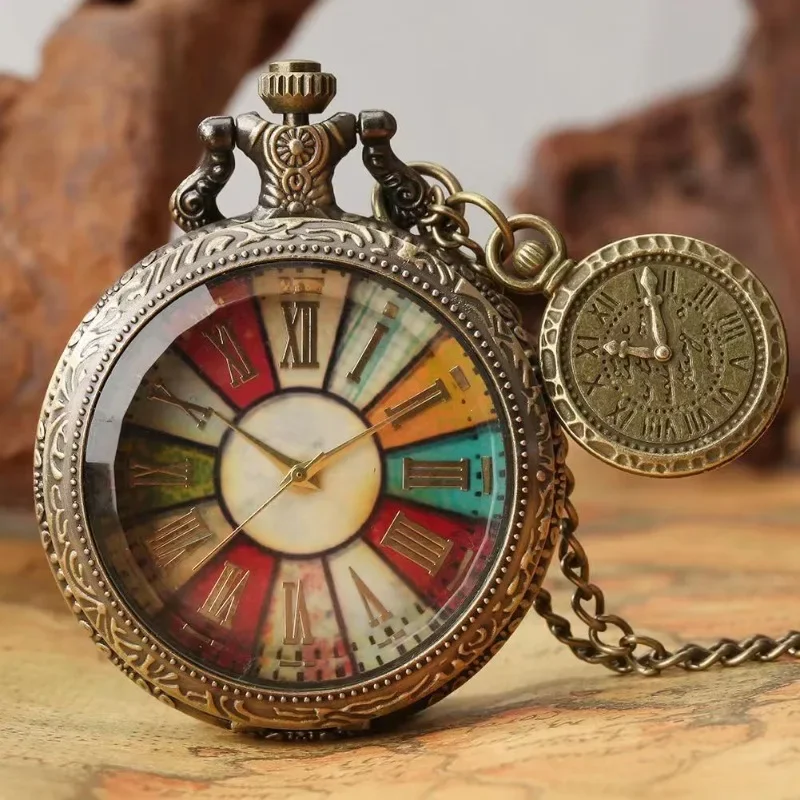 New Vintage Antique Copper Pocket Watch Window Flower Quartz Necklace Transparent Glass Cover Pocket Watch for Men Women Gifts