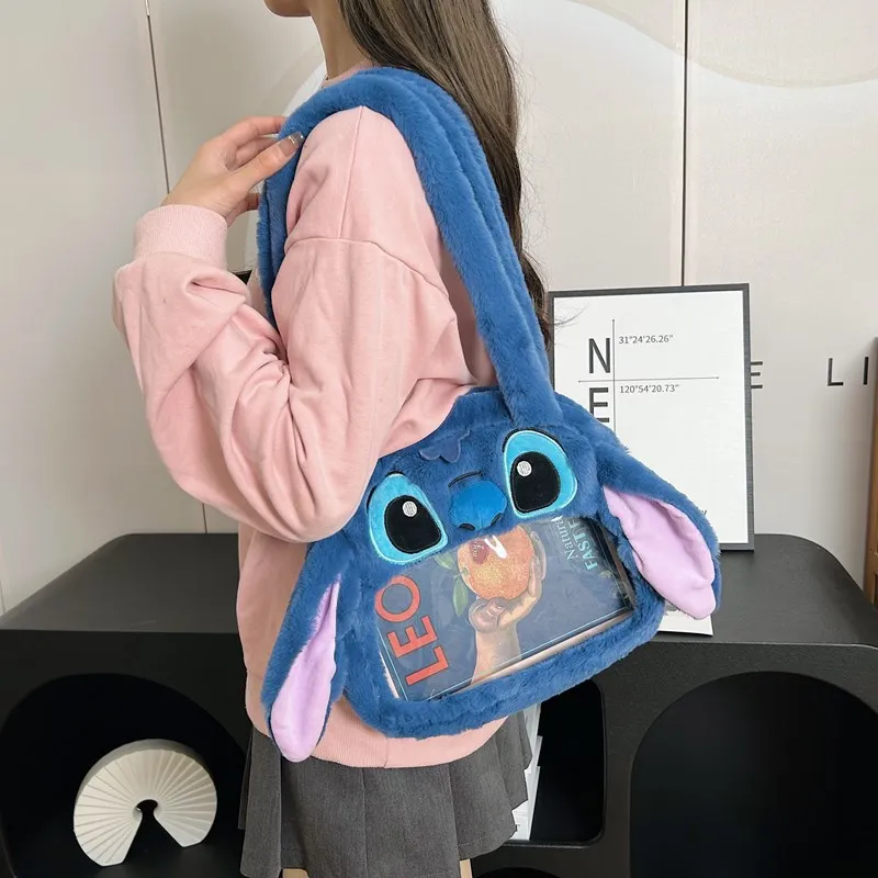 Disney Stitch Women Plush Shoulder Bag Cartoon Cute Stitch Large Capacity Round See-through Figure Jelly Bag Children's Tote Bag