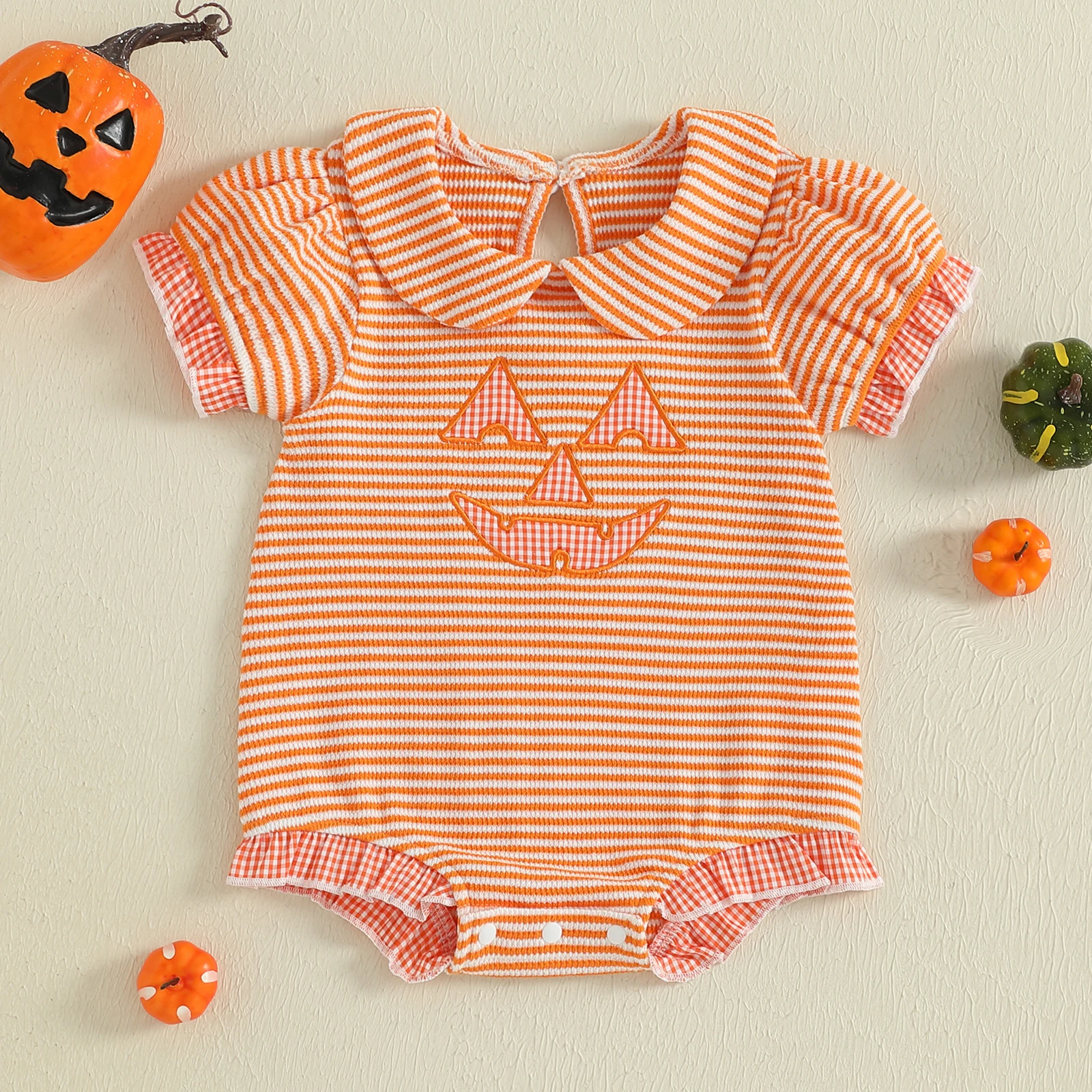 

Infant Halloween Costume Short Sleeve Striped Romper with Doll Collar for Baby Girls Newborn Fall Playsuit Outfit