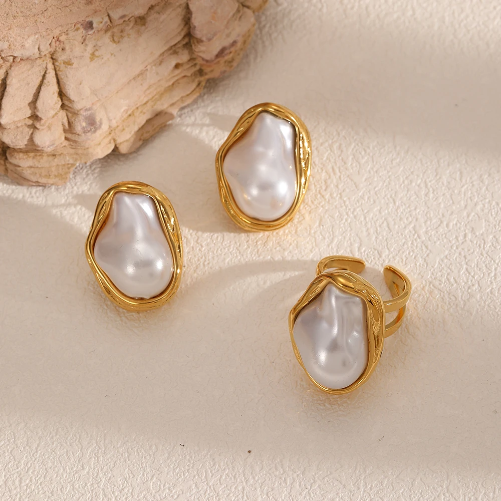 Minimalistische Edelstahl-Ohrringe mit unregelmäßigen großen Perlen, Schmucksets für Damen, trendiger Charm-Schmuck, Geschenke – Detail 2