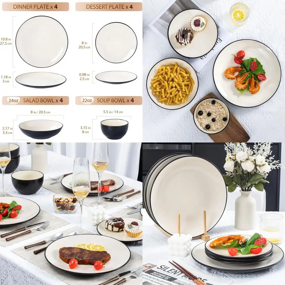 

16-Piece Stoneware Dinnerware Set for 4, Ceramic Plate and Bowl Set, Indoor Kitchen and Formal Dining, Microwave and Dishwasher