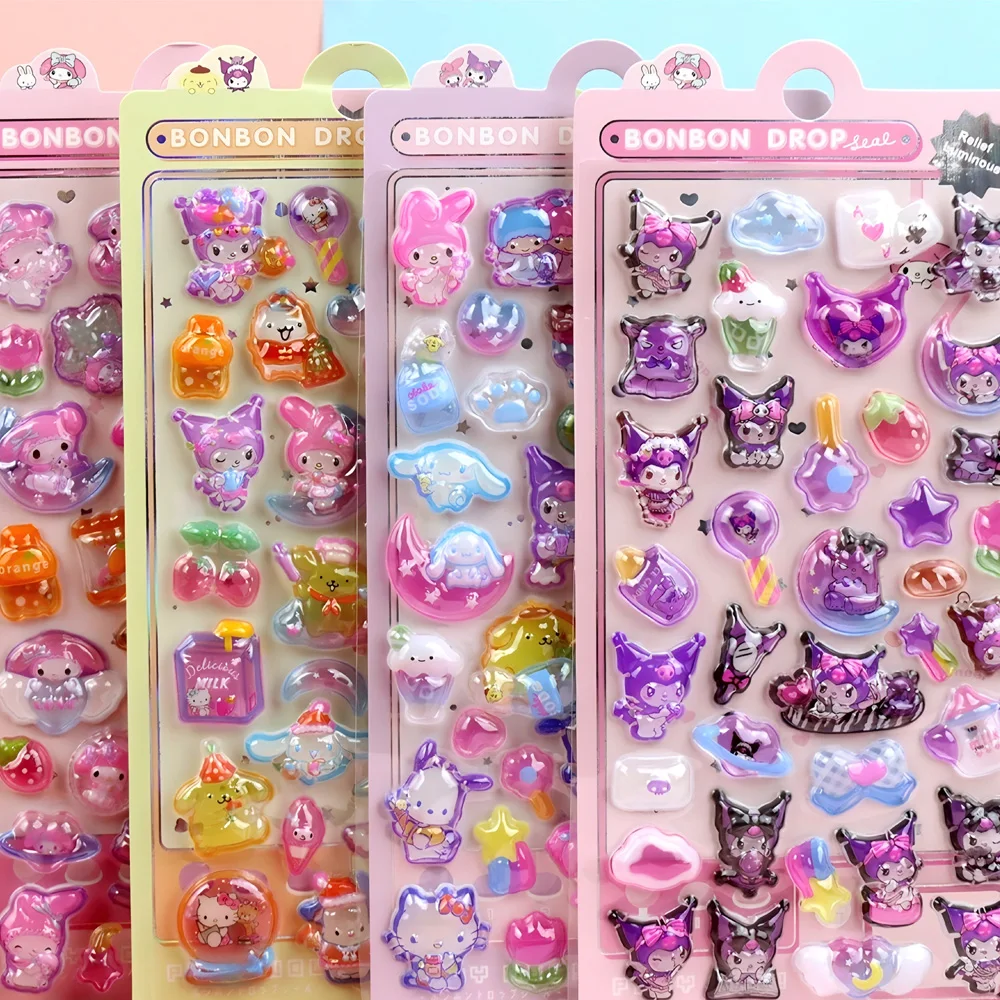 Kawaii Sanrio 3D 빛나는 릴리프 스티커 귀여운 Kuromi 멜로디 스티커 장식 수하물 전화 노트북 만화 크리스탈 데칼 선물