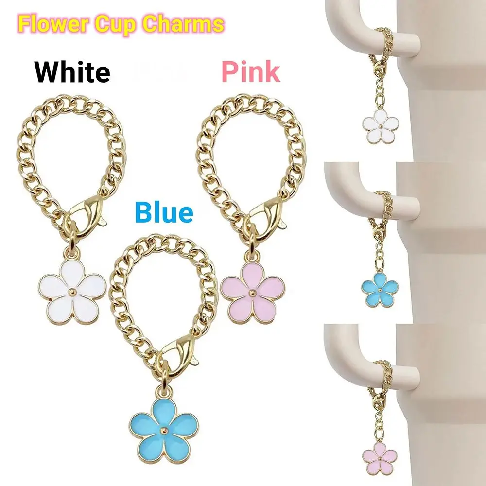 1Pcs Pink Blue White Cup Flower Charm Chain Decorative Enamel Tags Bottle Decoration Pandant Flower Charms Metal