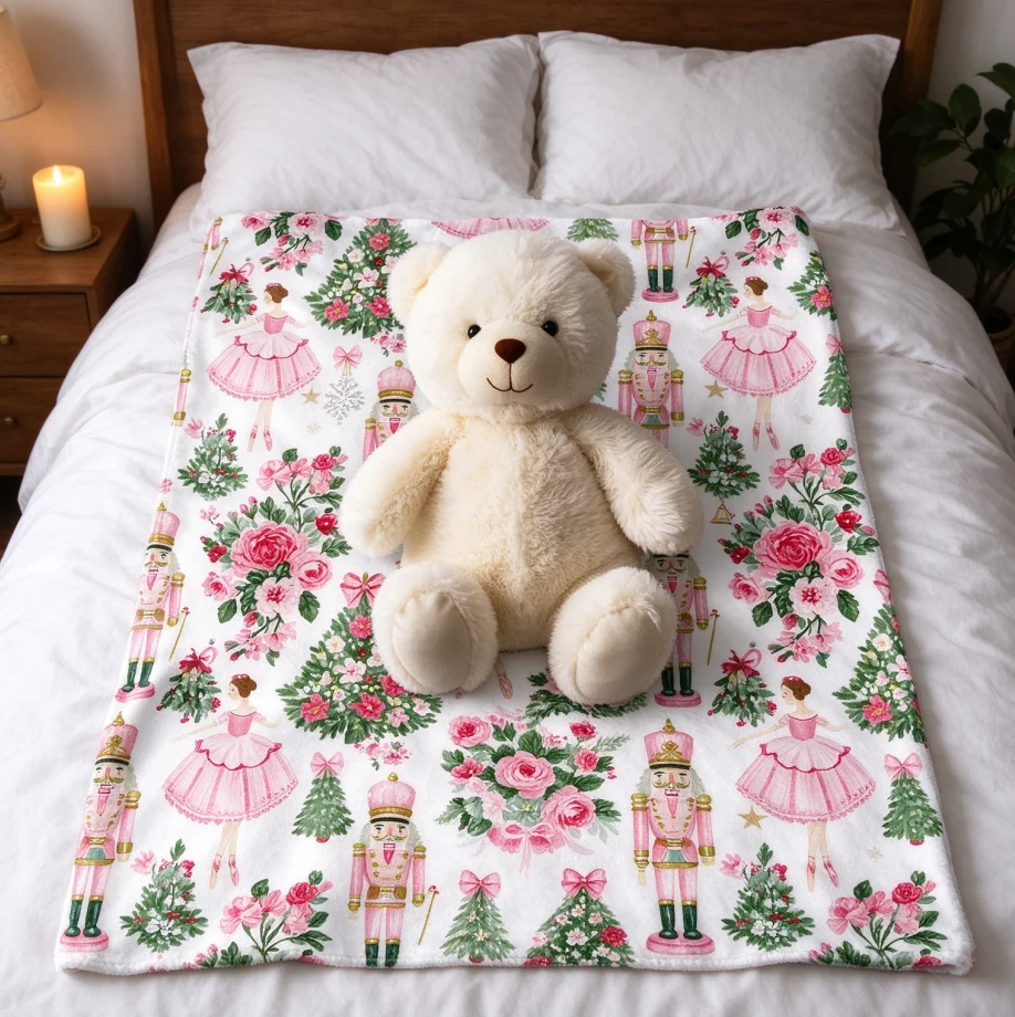 Pink Nutcracker Ballerina Christmas Throw Blanket, Delicate Floral Plush Holiday Decor, Soft Cozy Velvet Plush Couch Blanket, Elegant Festive Home Accent, Sweet Christmas Gift for Ballet and Nutcracker Lovers