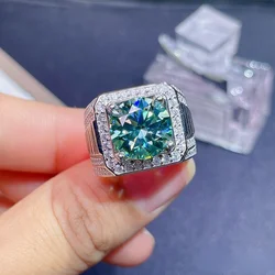Stock sale Luxury muscular man ring  big sparkling green moissanite ring real 925 silver 11x11mm size 5ct gem party gift