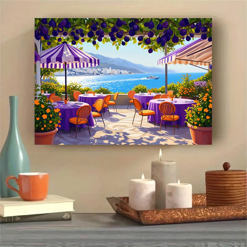 1PC-Unframed Canvas poster wall decoration Outdoor Cafe Terrace, Purple Tables & Umbrellas, Ocean Mountain Floral Scenery
